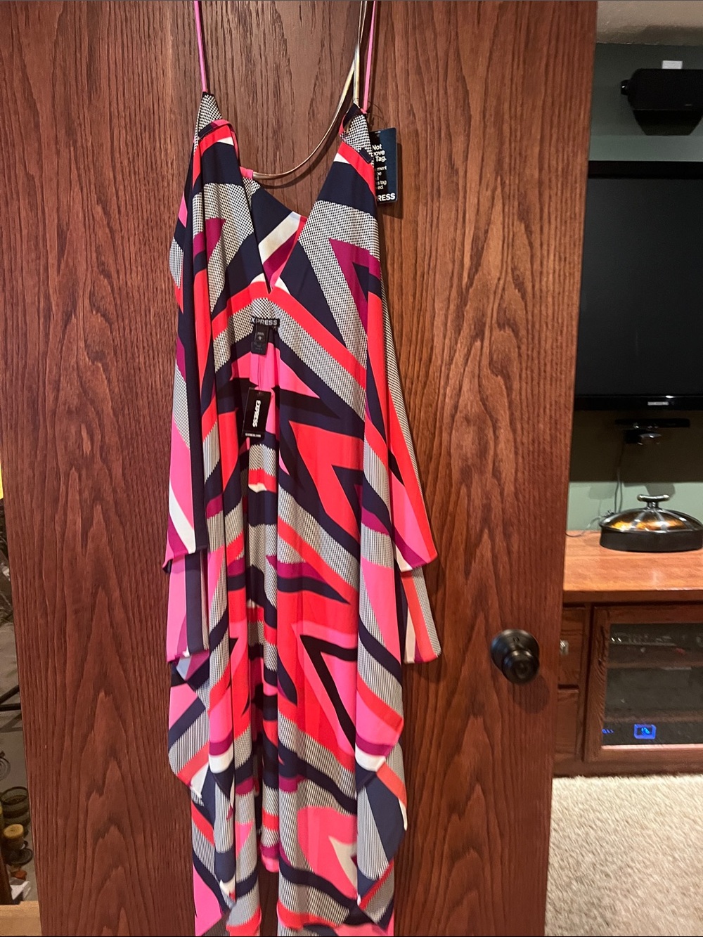 Express Geometric Print Maxi Dress in Pink, Navy & Cream